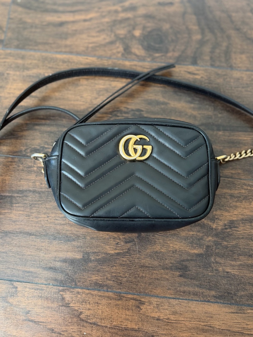 Gucci Black Quilted GG Marmont Crossbody Bag with Gold Logo